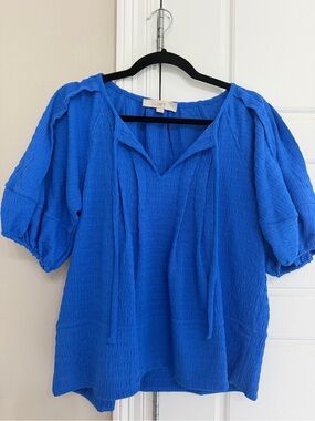 LOFT Royal Blue Crinkle V-Neck Peasant Blouse